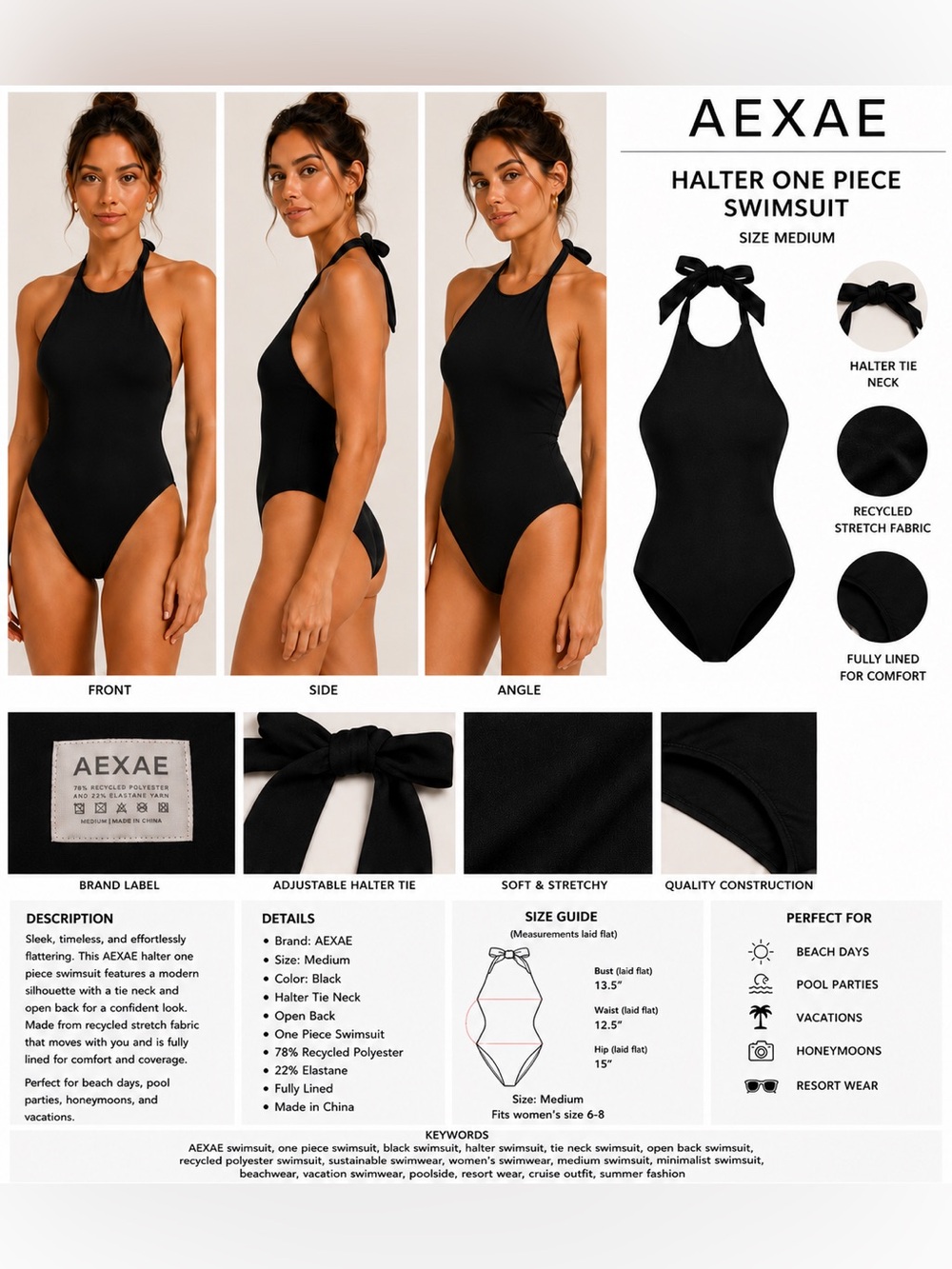 AEXAE Black Halter One Piece Swimsuit Women's Medium Recycled Stretch Swimwear